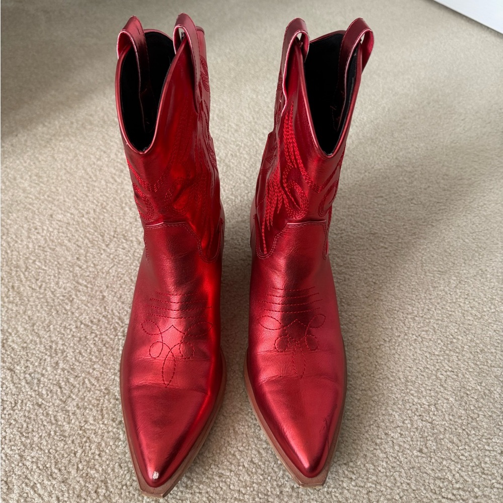 ShuShop Metallic Red Western-Style Women's Boots